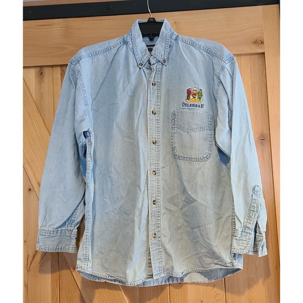 Vtg Womens M OUTRAGEOUS SPORTS Embroidered Blue Denim Button Up Delaware Flag